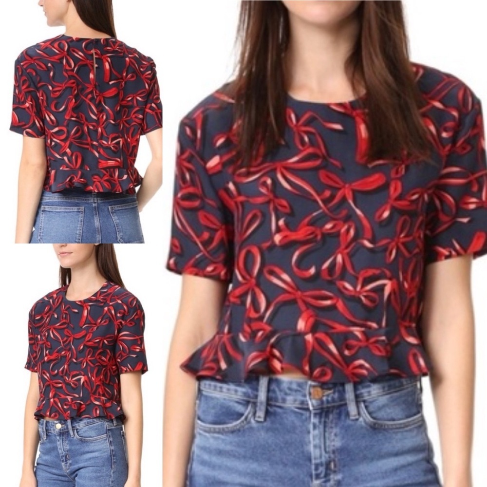 PIAMITA 100% Silk Red/Navy Bow Print Ruffle Trim Blouse‎ Back Button Closure M